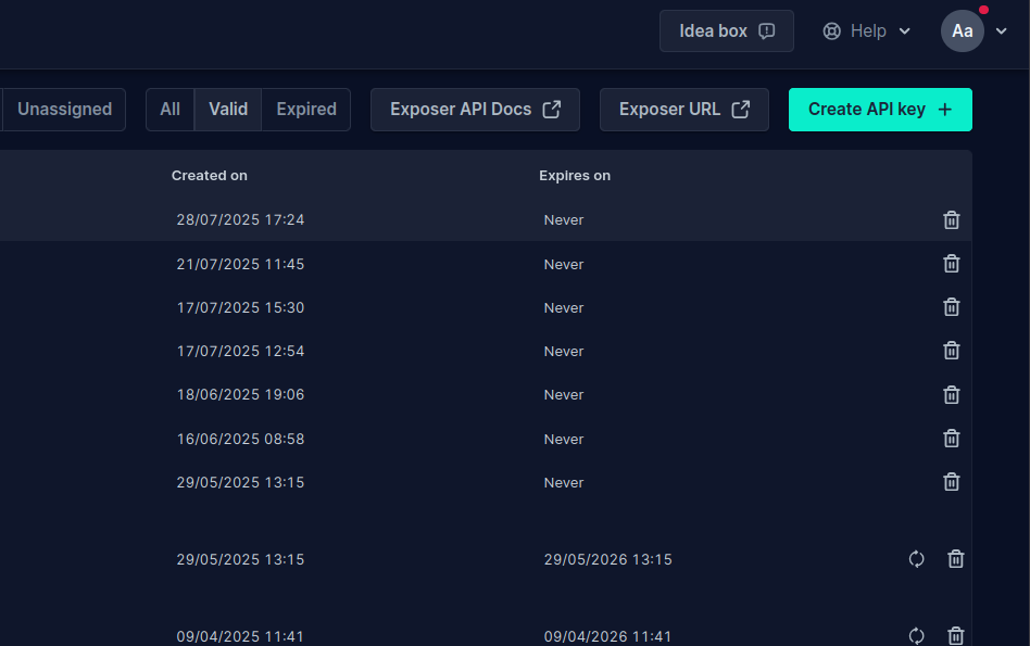 Create API key button